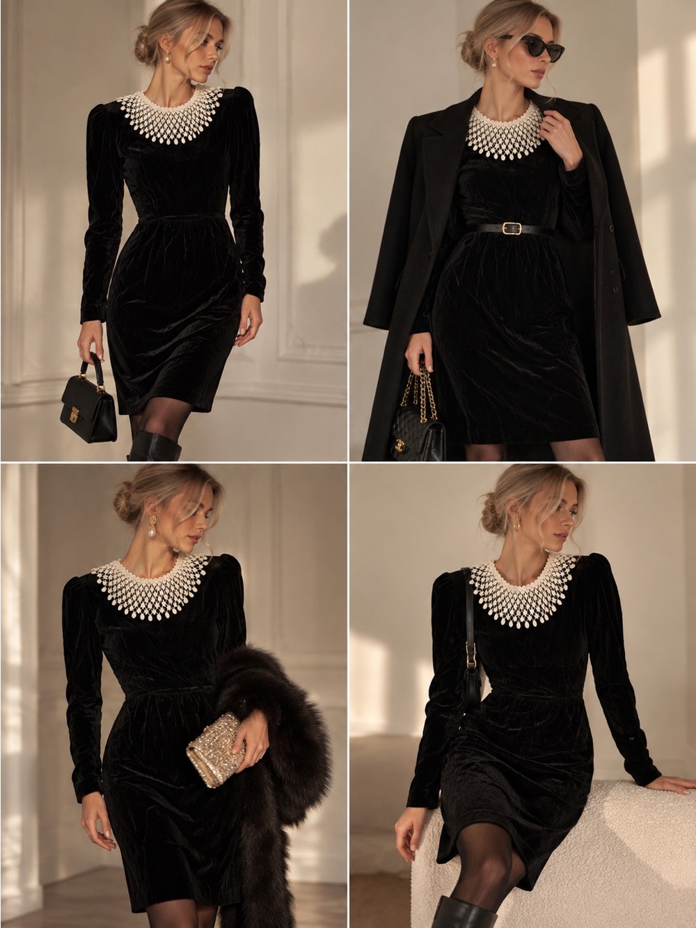 Vintage Petite Lang Black Velvet Dress White Crochet Collar Made in USA Size 6